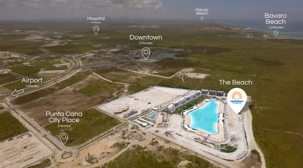 location of The Beach at Punta Cana city place with major attractions highlighted in an aerial view